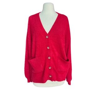 Women's Large Super soft red cardigan with embellished buttons Fun Funky Cozy
